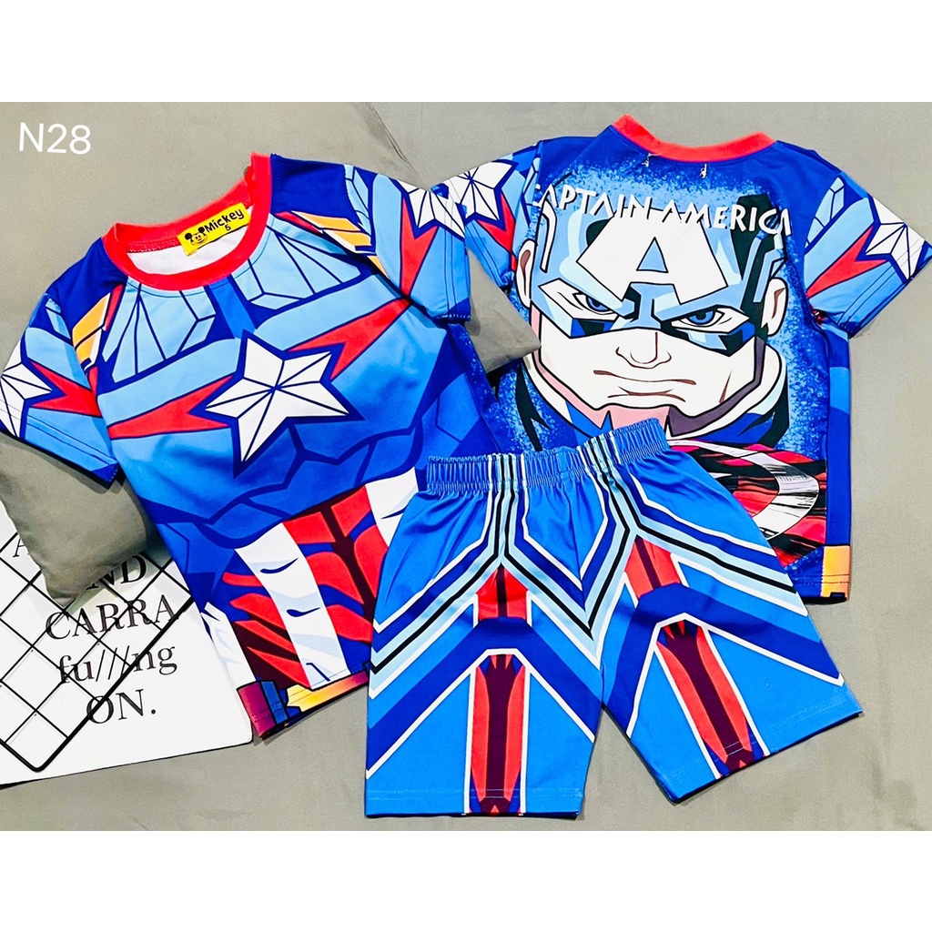 Bộ tay ngắn quần đùi lửng siêu nhân cơ bắp cho bé trai Thun lạnh 3D Mic.key Size nhí 11-21kg - Pikakids