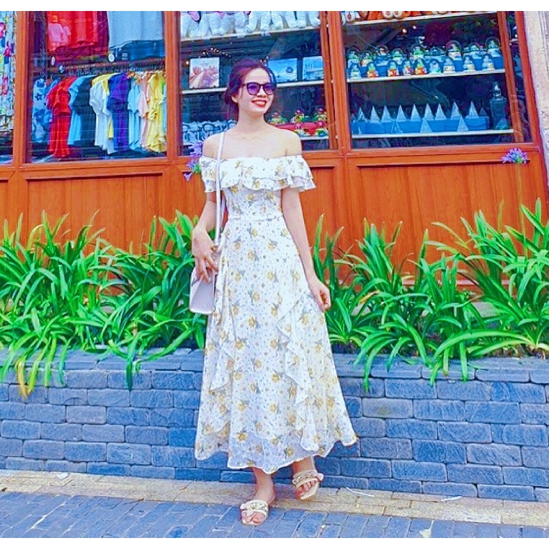 Đầm Váy Maxi Voan Hoa Nhí Trễ Vai Hàng Thiết Kế, Đầm Váy Quảng Châu Maxi Phối Bèo Tầng ,Mã Số A219