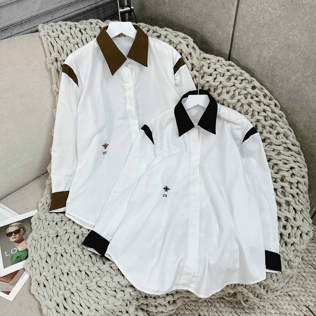 Sơ Mi Dài Tay CD Sọc Thêu Ong Chất Thô Nến Cổ Viền Đen Dáng Rộng  Đuôi Tôm Hàn Quốc