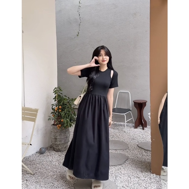 [NEW]VÁY COTTON TĂM TAY CỘC PHỐI KAKI 2 DA cutout vai 2302