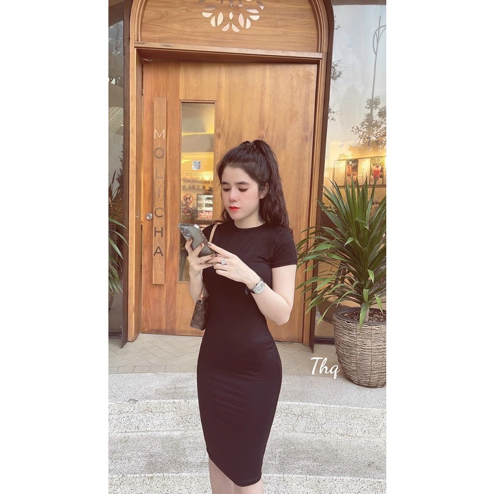 Váy thun body cổ tròn sẻ sau ms100