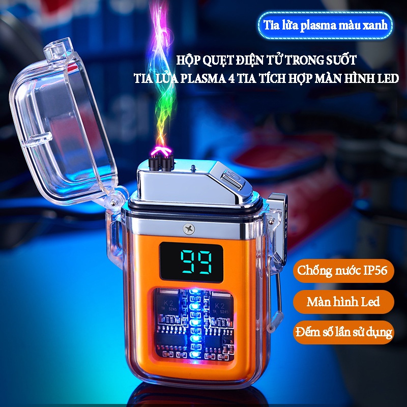 Hộp quẹt điện tử trong suốt tạo tia lửa plasma 4 tia, pin 220mA chống nước tích hợp màn hình led quản lý dung lượng pin