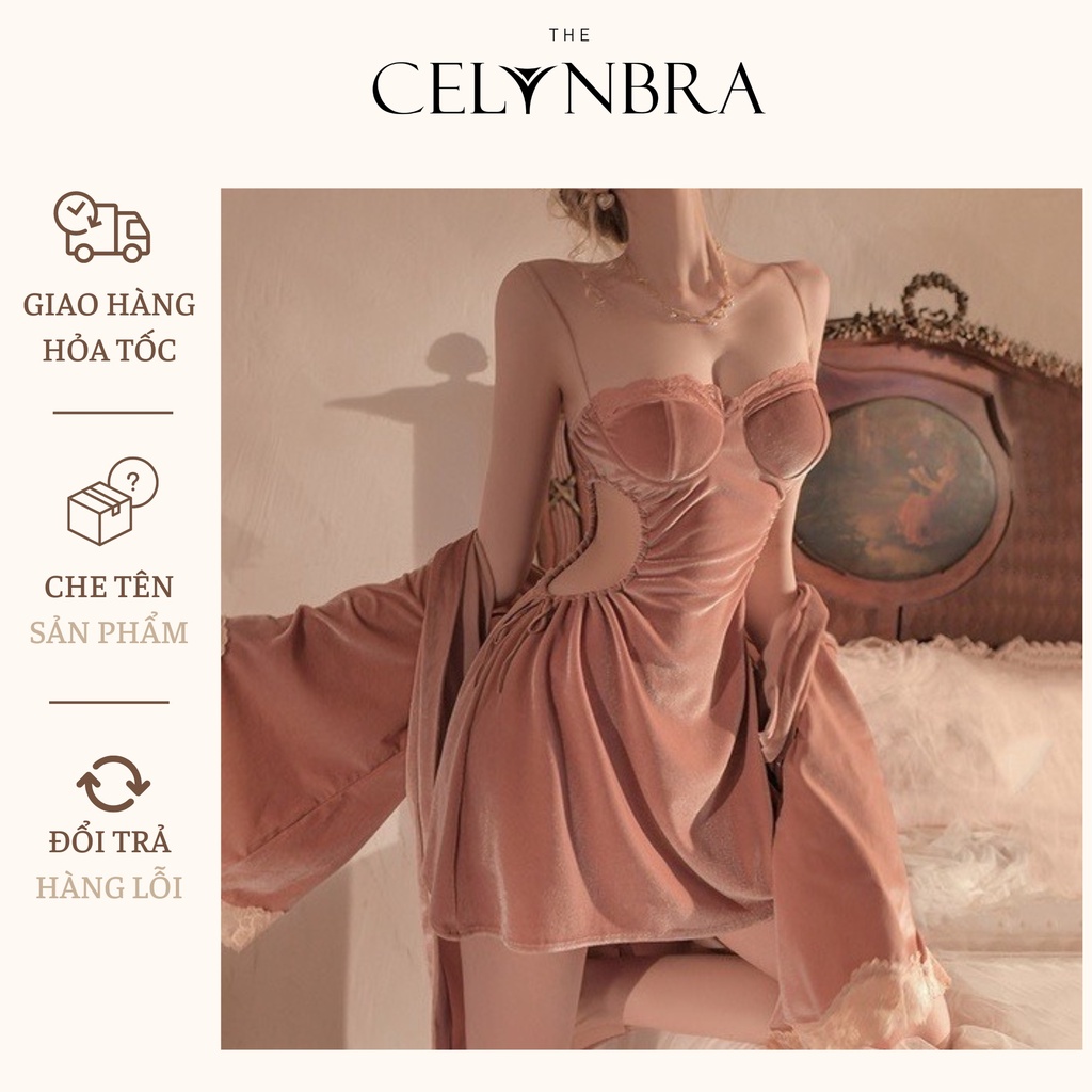Váy ngủ nhung mịn khoét eo gợi cảm cup ngang có mút nâng đẩy THE CELYNBRA - V84