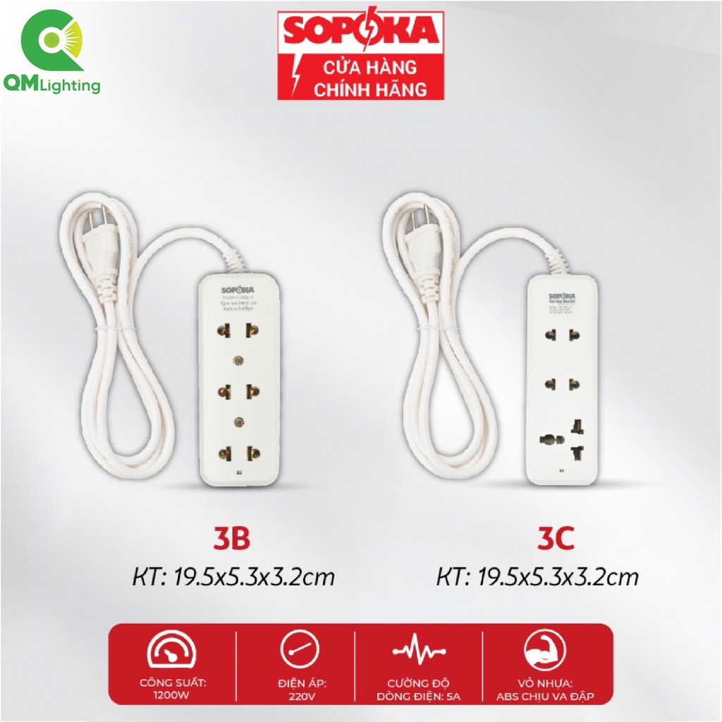 Ổ cắm điện, ổ cắm chịu tải SOPOKA 1200W 3B 3C dây 2,5M-4,5M cắm laptop máy tính quạt, bảo hành 24 tháng