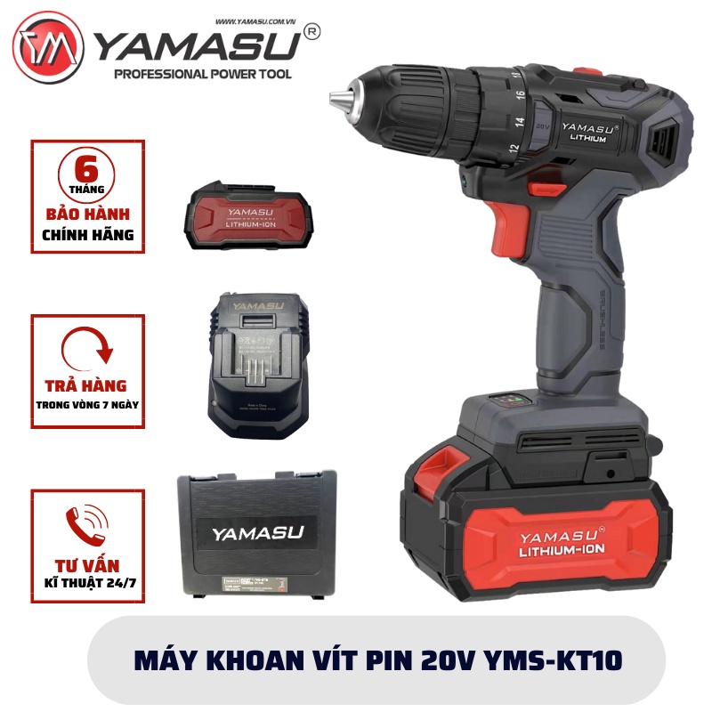 Máy khoan pin 20V YAMASU cao cấp không chổi than đa năng, khoan tường, khoan sắt, bắn vít, khoan gỗ