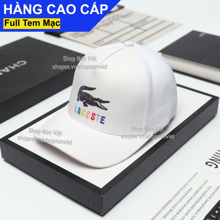 Mũ Lưỡi Trai Nón Kết Thêu LACOSTE Logo Bảy Màu Vải Kaki Cotton Màu Trắng Phối Lưới Trắng Form Đứng Thời Trang Cao C