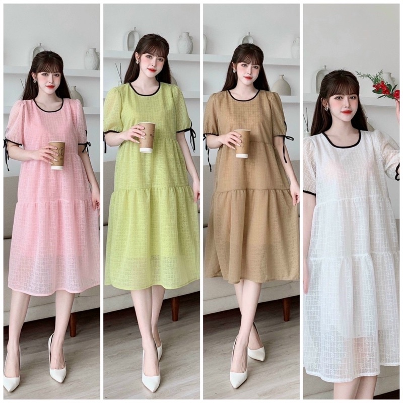 Đầm ren Xốp Hai Lớp Dáng Babydoll Phối Viền Nơ Mã H40