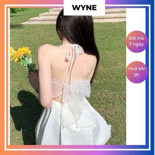 Đầm xoè tiểu thư Wyne cột nơ trắng hở lưng, Đầm/váy đi biển dây cổ yếm dáng xoè ngọt ngào