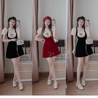 Váy đầm nhung phối ren nơ ngực tiểu thư dáng xòe siêu dễ thương