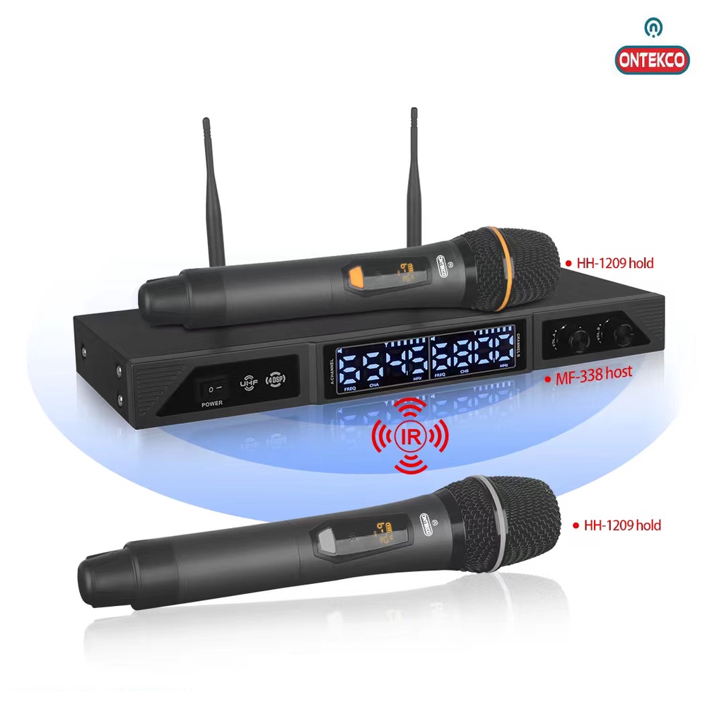 Micro không dây ONTEKCO MF338 đen cao cấp đa năng dùng cho mọi loại loa kéo, amply sóng UHF
