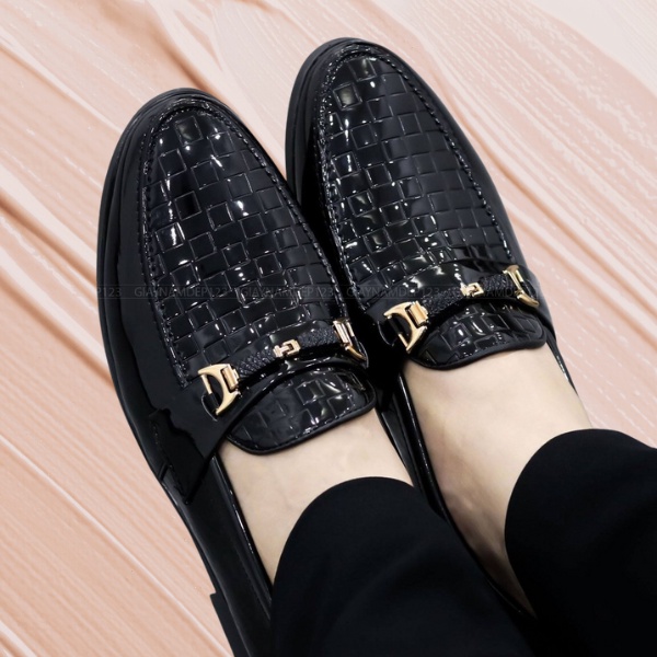 Giày da nam công sở dior màu đen khuy vàng dập vân caro giày lười nam da full size 38-43