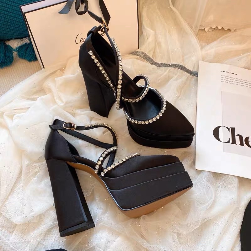 🌸ORDER 🌸 Giày đế đúp gót trụ dây đá chéo mũi nhọn & ảnh thật, 13cm 34-39