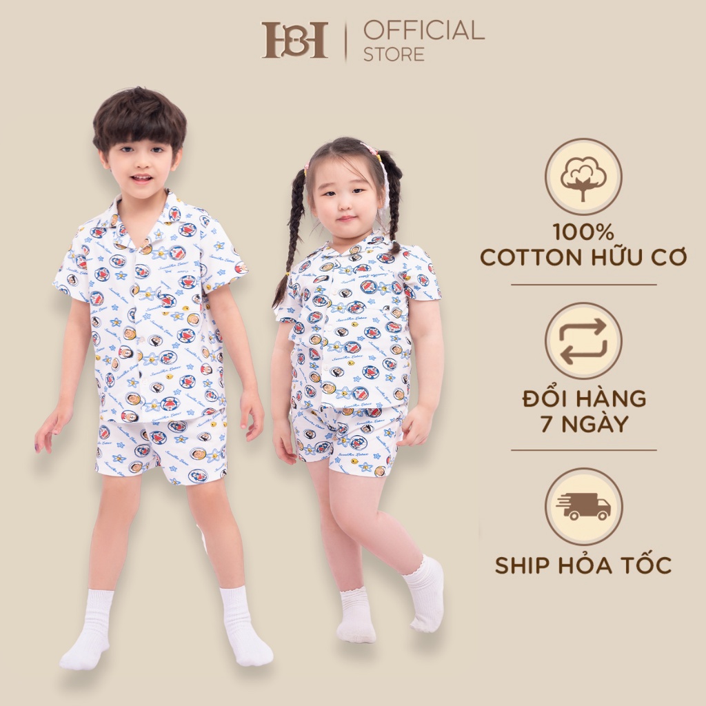 Bộ quần áo pyjama cộc tay Hapiibabii Cotton điều hòa nhập khẩu cho mẹ bé mặc nhà mùa hè họa tiết doraemon (1-10 Tuổi)