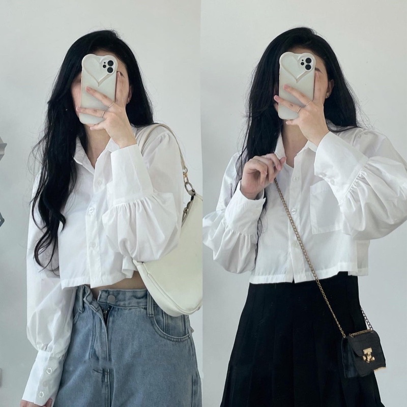 Áo Croptop Sơ Mi Tay Dài 1 Túi