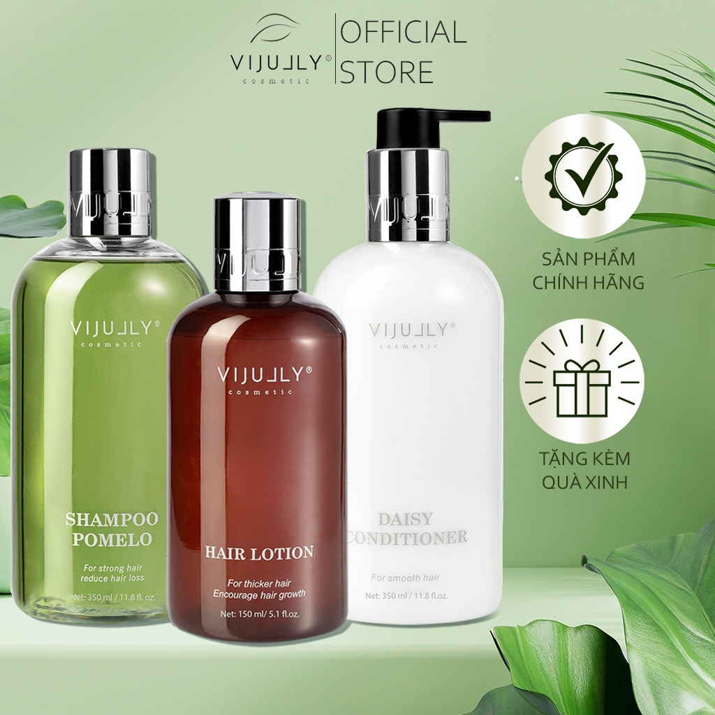 Combo chăm sóc tóc cao cấp Vijully - Bộ dầu gội bưởi, dầu xả dừa hoa cúc, xịt tinh dầu bưởi dưỡng tóc chính hãng