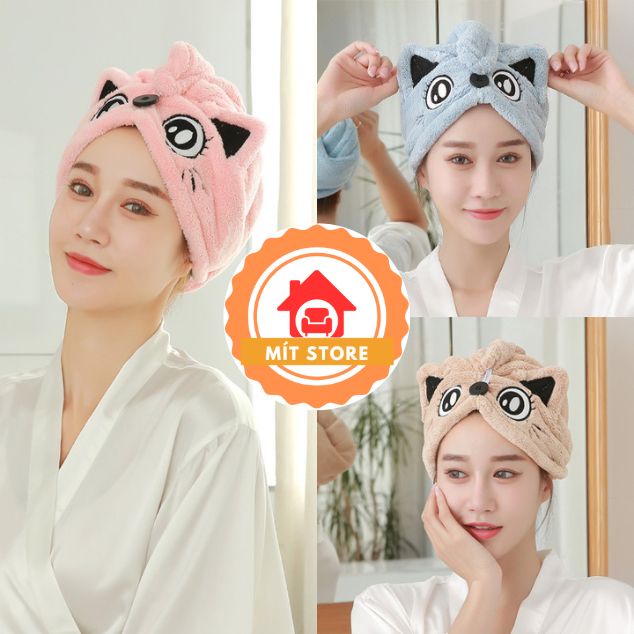 Khăn ủ tóc đa năng chất liệu lông cừu. Khăn quấn tóc ướt gội đầu thấm hút nước siêu khô hình mèo con dễ thương