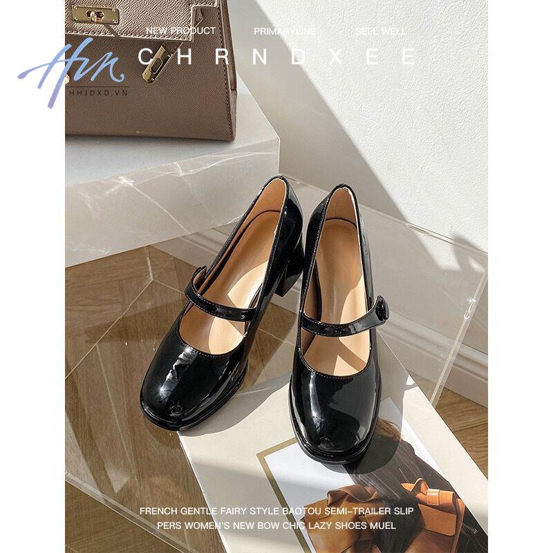 Giày Cao Gót Da Bóng Phong Cách Retro Pháp Cho Nữ