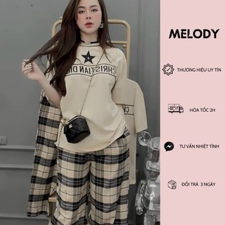 Set bộ đồ nữ áo phông thêu đáp nổi christiandior cổ bo dệt mix quần suông kẻ chuẩn hàng l1