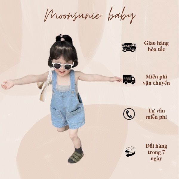 Set áo hai dây croptop kèm Quần yếm jeans short cho bé gái Bộ đồ bé gái mùa hè đi chơi, du lịch