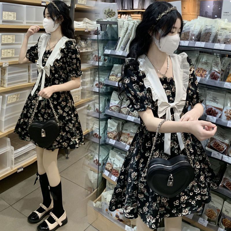 Đầm Ngắn Cổ Thủy Thủ Màu Đen Họa Tiết Hoa Xinh Xắn Thời Trang Mùa Hè Theo Phong Cách Pháp