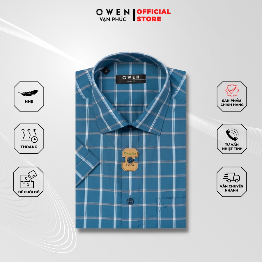 Áo Sơ Mi Nam Cộc Tay OWEN AB230007NT Kể caro xanh đậm Kiểu Dáng Body Fit Chất Liệu Bamboo Mịn Mát Dễ Phối Đồ