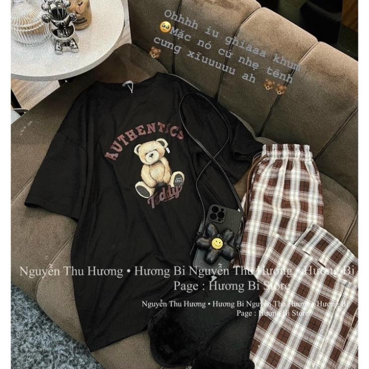 Set bộ áo đen hình gấu teddy kèm quần kẻ cho nữ