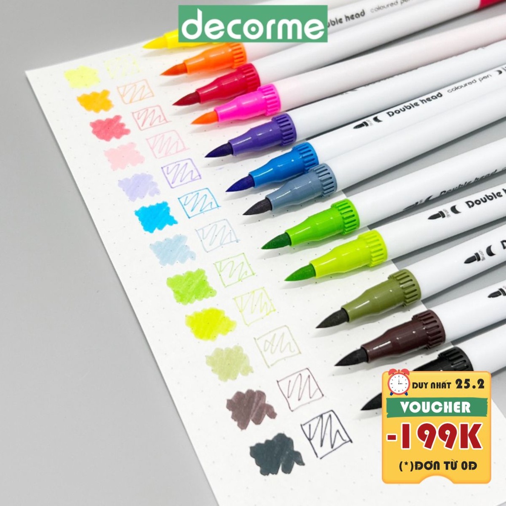 Bút viết tiêu đề DecorMe dual brush pen fineliner, bút calligraphy bullet journal lẻ 1 bút