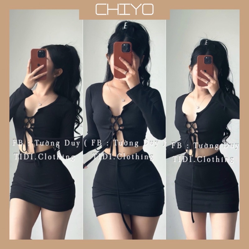 Set Áo Tay Dài Đan Dây Kèm Chân Váy Ôm S60