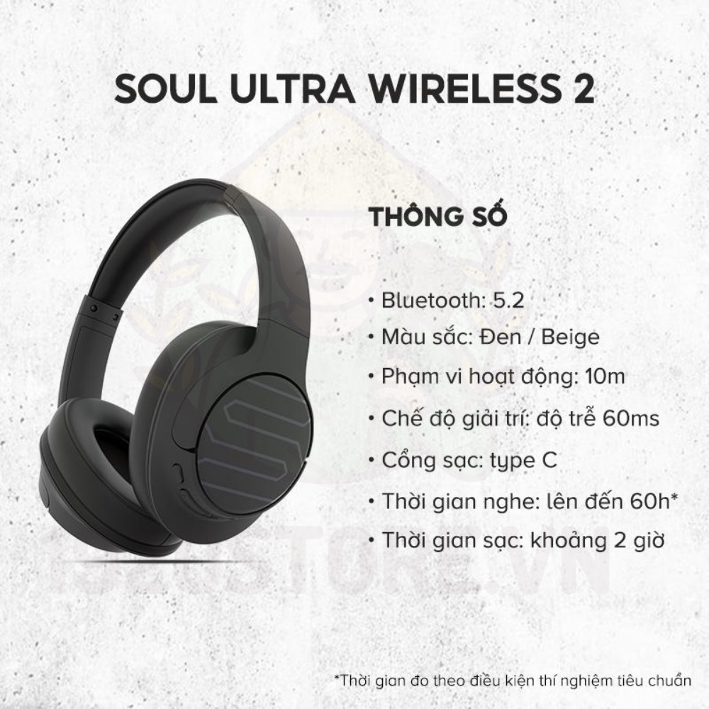 Tai Nghe Bluetooth Headphone Soul Ultra Wireless 2, Nghe Nhạc 60H, Độ trễ 60ms - Chính Hãng BH 12 Tháng