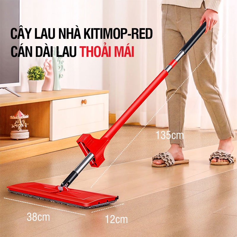 Cây lau nhà tự vắt Kitimop-Red bàn lau lớn 38cm, con lăn trợ lực, thanh thép không gỉ, khớp xoay 360 độ, 2 bông lau