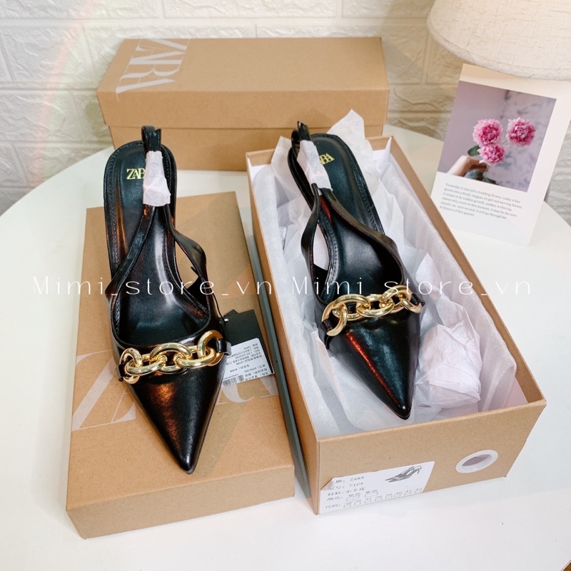 Giày 9cm mũi nhọn phối dây xích xuất ZR full box MS-7164