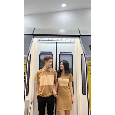 Set đồ đôi áo nam + váy nữ nâu trà sữa