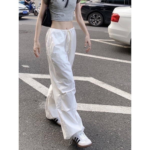 (Order) Quần kaki trắng túi hộp cạp trễ dây rút thời trang nữ quần y2k hot trend quần ống rộng cá tính ulzzang girl