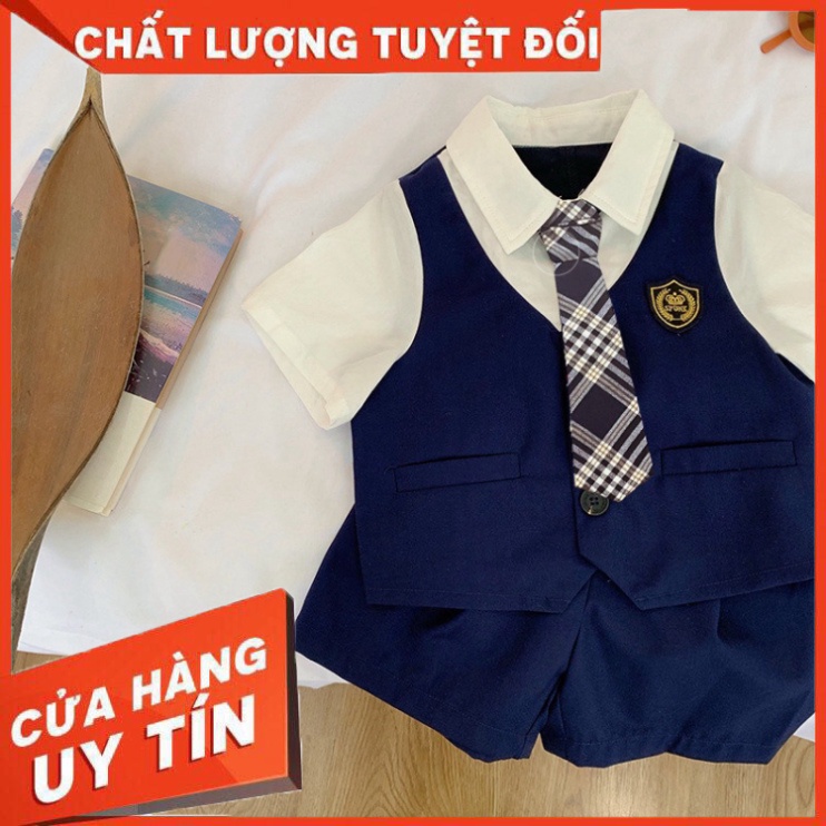 Bộ vest bé trai Hàn Quốc Magickids set vest 3 chi tiết gồm áo gile, áo sơ mi trắng cà vạt, quần short BR22034