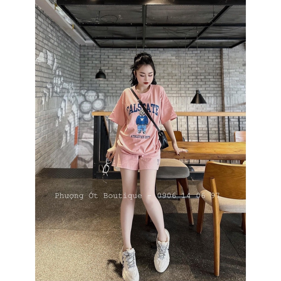 Set Thể Thao Cộc Tay 3158 Thêu Gấu Hình Chất Cotton Khô Bộ Đùi Nam Nữ Dáng Rộng Unisex Uxlang