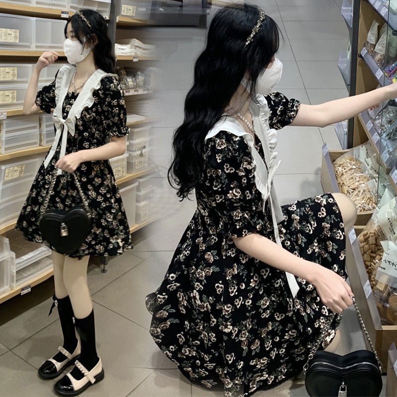 Đầm Ngắn Cổ Thủy Thủ Màu Đen Họa Tiết Hoa Xinh Xắn Thời Trang Mùa Hè Theo Phong Cách Pháp