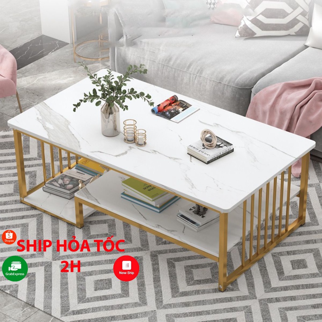 Bàn trà sofa phòng khách mặt bàn họa tiết vân đá cẩm thạch hoặc đen xám 2 tầng khung thép - SF01