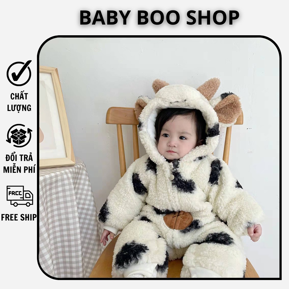 Bộ nỉ bông ủ ấm cho bé sơ sinh (1-12 tháng tuổi) họa tiết bò sữa, body ủ ấm chất liệu dày dặp, cực ấm BABY BOO SHOP