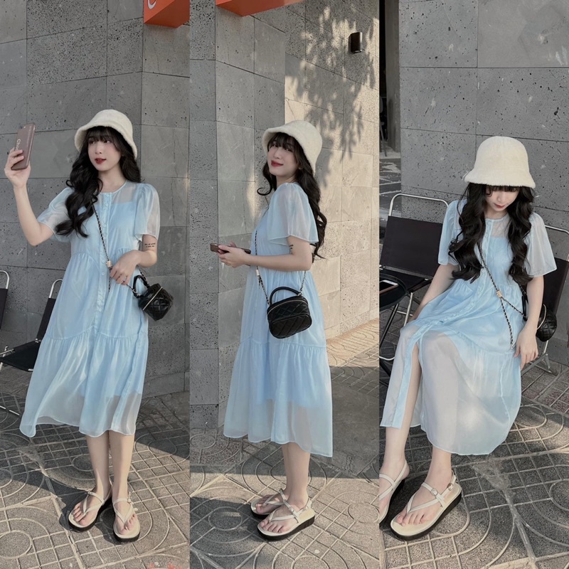 Đầm maxi voan nhũ kèm váy 2 dây lót trong xanh dương - kem