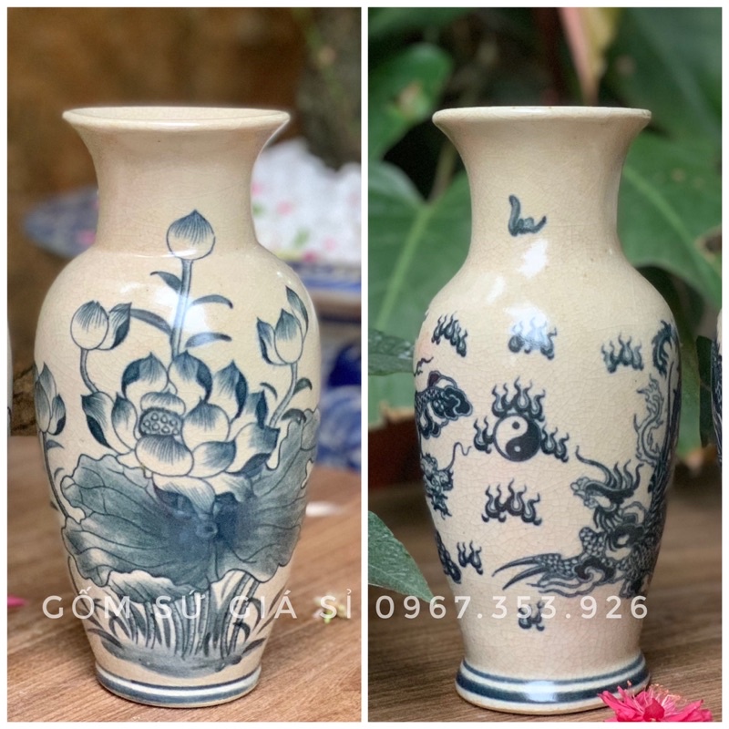 LỌ HOA MEN RẠN RỒNG SEN CỠ VỪA