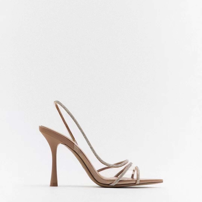 Order giày cao gót ZARA 2023 xuất dư của phụ nữ Giày cao gót quai nhựa vinyl đính đá lấp lánh có một quai phía sau