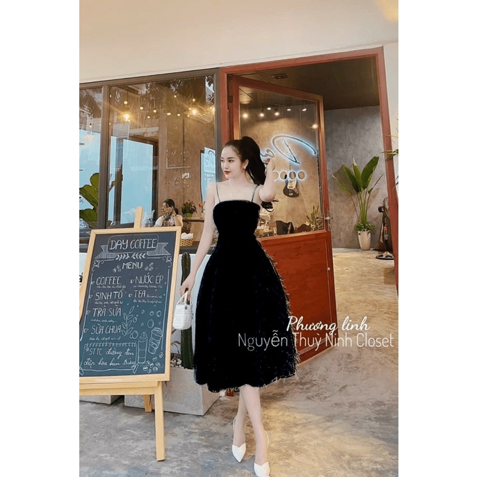 ĐẦM LÔNG VŨ HAI DÂY CÚP NGỰC ÔM EO DÁNG DÀI XÒE CỰC XINH ĐẸP CÁ TÍNH ĐI CHƠI DỰ TIỆC HÀNG THIẾT KẾ CAO CẤP