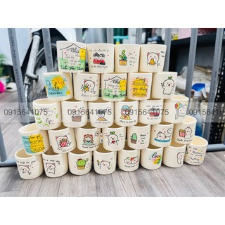 Chậu trụ đất nung màu trắng 9x9cm vẽ hình cute đơn giản