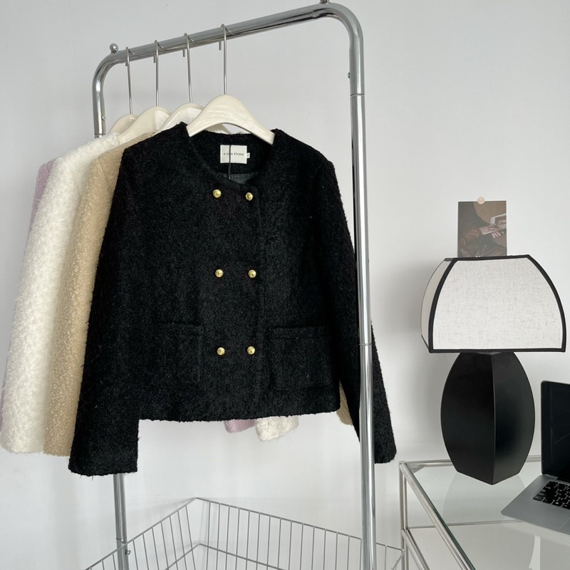 Áo khoác dạ tweed nữ khoác ngoài cổ tròn khuy mạ vàng dài tay sang trọng