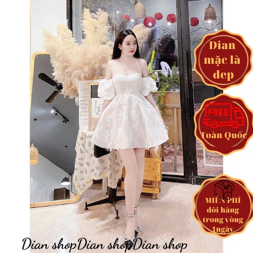 Váy Cúp ngực, Tay bồng From xòe đính ngọc và lông vũ. Dầm dự tiệc sang trảnh cho các nàng.