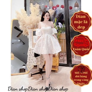 Váy Cúp ngực, Tay bồng From xòe đính ngọc và lông vũ. Dầm dự tiệc sang trảnh cho các nàng.