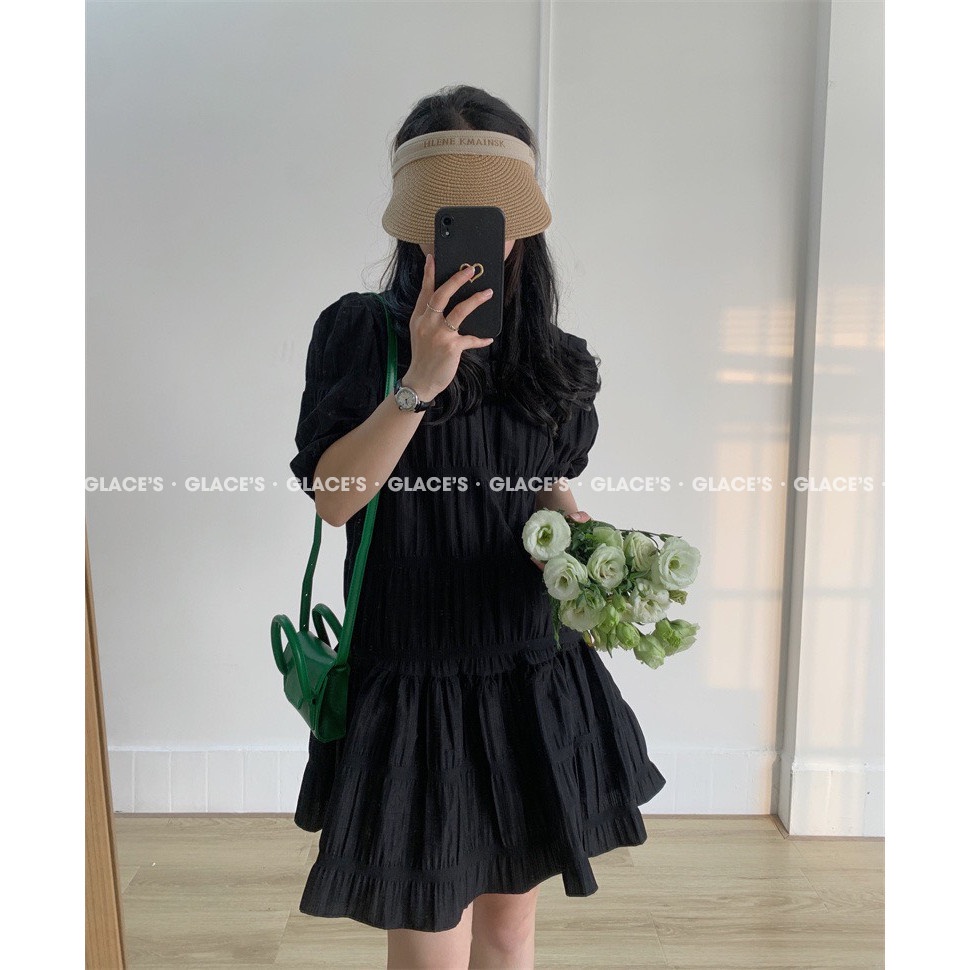 Váy đuôi cá GLACE Váy đầm suông babydoll dáng ngắn tay phồng chất liệu xốp nhăn dập ly kiểu dáng nữ tính thanh lịch | BigBuy360 - bigbuy360.vn