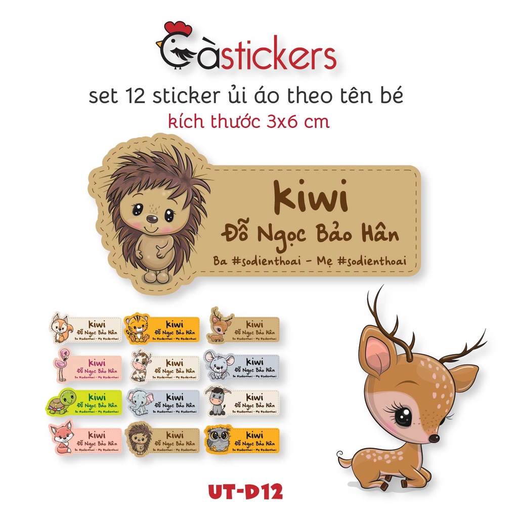 Sticker ủi áo in tên trẻ em GaStickers UT-D12- bộ 12 miếng kích thước 3 x 6 cm