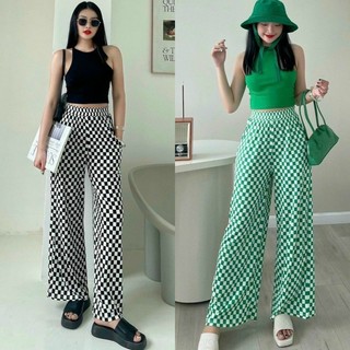 Quần mặc nhà quần dài ống rộng caro suông xinh chất thun gân tăm hot
