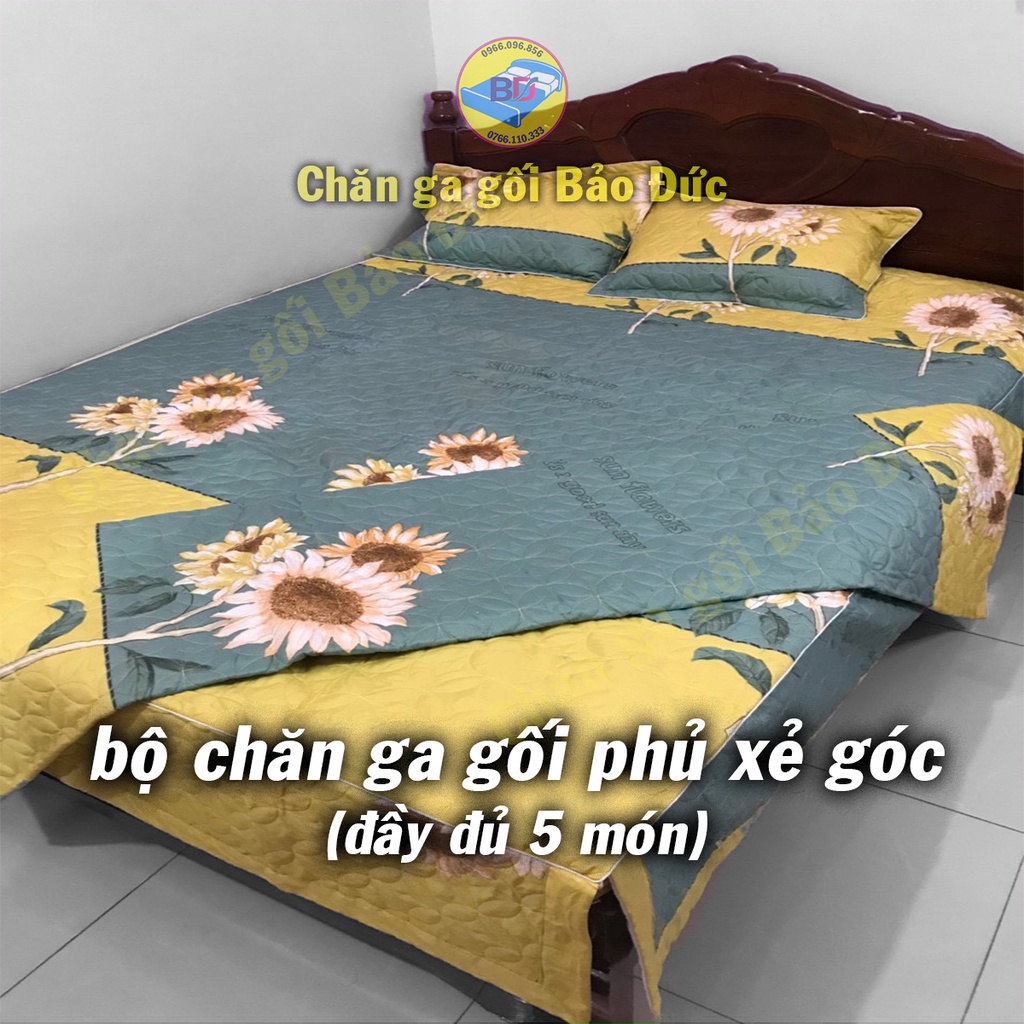 bộ chăn ga gối phủ trần bông xẻ góc, đủ 5 món ( mẫu hoa lá 1 )